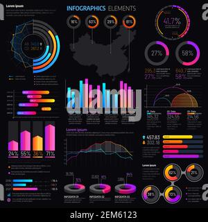 Infografiken mit Vektorgrafiken und Diagrammen. Info-Grafikvorlagen für Unternehmenspräsentationen mit Balkendiagrammen, Statistik-Schritt- und Tortendiagrammen, Stock Vektor