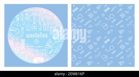 Medizinisches Doodle Poster mit Medikamenten, Reagenzgläsern und einem Thermometer. Großes Apothekenset. Vorlage für eine Werbung, Muster oder Remote medizinische Beratung Stock Vektor