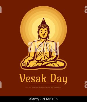 Vesak Tag Urlaub. Buddha sitzt unter Vollmond meditieren in Lotus Yoga Pose. Buddhismus asiatische Religion, Kultur und Tradition Vektor-Poster. Vesak-Tag Stock Vektor