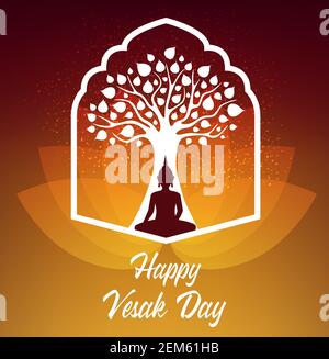Vesak Tag Urlaub. Buddha sitzt unter Bodhi Baum meditieren in Lotus Pose. Buddhismus Religion Vektor Poster. Alles gute Vesak Tag Geburtstagsfeier, enli Stock Vektor