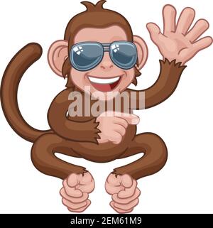 Monkey Sonnenbrille Cartoon Tier Winken Zeigen Stock Vektor