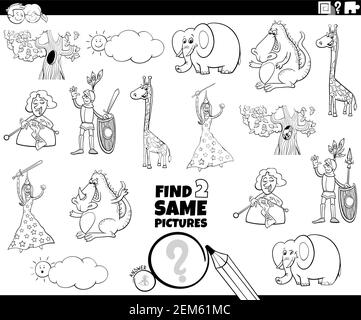 Schwarz-Weiß-Cartoon-Illustration der Suche nach zwei gleichen Bildern Educational Spiel mit lustigen Comic-Figuren Färbung Buch Seite Stock Vektor