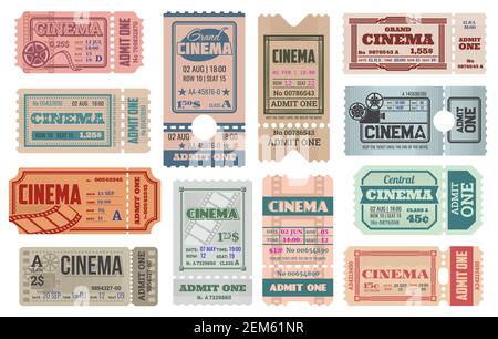 Vorlagen für Kinokarten. Vector Retro-Gutschein für Kino-Zugang mit Datum, Uhrzeit, Sitz- und Zeilennummer, Preis und Trennlinie. Vintage Stock Vektor