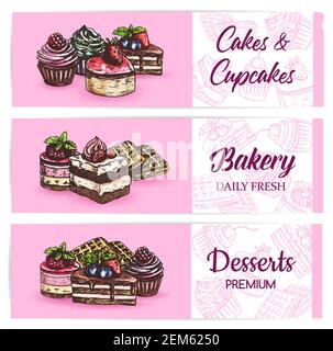 Desserts, Kuchen und Süßigkeiten. Bäckerei, Café oder Konditorei Desserts Menü Vektor Banner. Waffeln, Cupcakes, Käsekuchen und Kuchenskizzen mit Beeren. S Stock Vektor