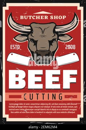 Rindfleisch schneiden, Metzgerei Vektor-Design. Kuh oder Stier Tierkopf mit Metzgermesser grunge Poster von Metzgerei, Fleischgeschäft, Vieh oder Vieh f Stock Vektor