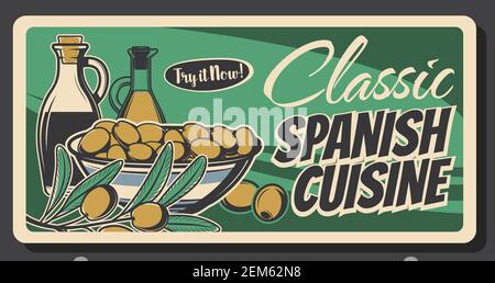 Spanische grüne Oliven Retro-Banner von Lebensmitteln Vektor-Design. Ölflaschen, Schalen mit marinierten Früchten und Olivenbaum Zweig mit Blättern, mediterrane Küche Stock Vektor