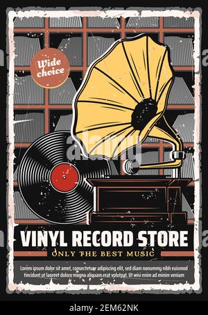 Vinyl Schallplatten Shop Vektor Retro Poster. Große Auswahl an vintage Vinyl-Schallplatten und Spieler Musik-Shop, Grammophon Phonograph und musikalische Platten auf Regal Stock Vektor