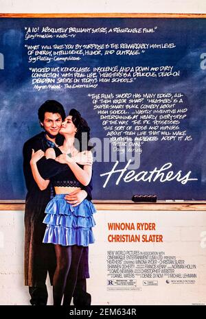 Heathers (1989) unter der Regie von Michael Lehmann mit Winona Ryder, Christian Slater und Shannen Doherty. Ein neues Kind in der Schule hilft einem Mädchen, Rache an den Klassencliquen und Schuljocks zu nehmen. Stockfoto