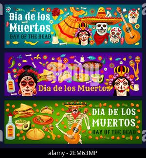 Dia de los Muertos Zuckerschädel, Catrina und Ringelblumen, Mexican Day of the Dead Vektor-Design. Mariachi Skelett mit Sombreros, Gitarren und ma Stock Vektor