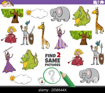 Cartoon Illustration der Suche nach zwei gleichen Bildern pädagogische Spiel mit Lustige Comic-Figuren Stock Vektor