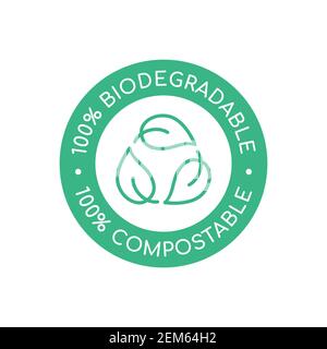 100% biologisch abbaubar 100% kompostierbar Icon, Logo. Grüne Blätter im Kreis. Rundes biologisch abbaubares Symbol. Natürliche recyclingfähige Verpackung Zeichen. Vektor Stock Vektor