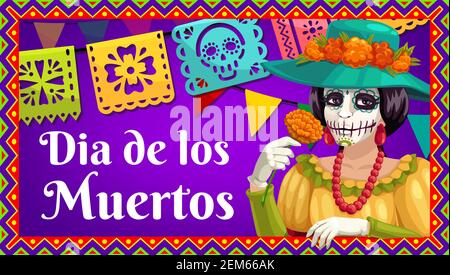 Tag der Toten Catrina Calavera mit Ringelblume, Dia de los Muertos Papierfahne Girlande und Bund mit Schädel und Blumenschnitt. Vector Greetin Stock Vektor