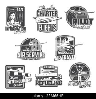 Airline und Flughafen-Service, zivile Luftfahrt Vektor-Symbole. Pilotenschule und private Jet Charter Flüge Firmenzeichen, meteorologischen Service, weltweit Stock Vektor