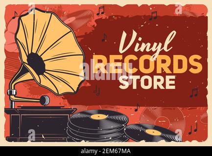 Musikgeschäft, Schallplatten und Retro-Musik-Shop Vektor Grunge Poster. Vintage Vinyl Schallplatten LP Platten, Grammophon und Phonograph spielen equi Stock Vektor