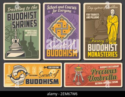 Buddhismus Religion Retro Plakate. Vektor Buddhistische Stupa Gebäude, tibetischen Mönch, goldene Fische und kostbaren Regenschirm. Buddhismus Religion Dharma und Gebet Stock Vektor