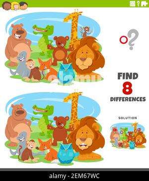 Cartoon Illustration der Suche nach den Unterschieden zwischen Bildern Lernspiel Für Kinder mit wilden Tierfiguren Stock Vektor