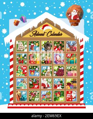 Weihnachten Adventskalender Vektor-Design von Weihnachten und Neujahr dezember Monat Urlaub Countdown. Weihnachtsbaum, Weihnachtsmann Geschenk und Strumpf, Schneemann, Elf Stock Vektor