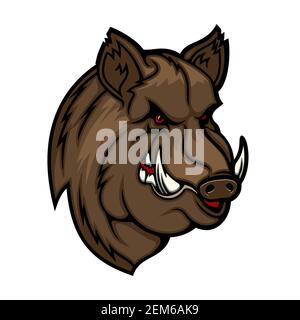 Wildschwein, Schwein oder Schwein Maskottchen mit Kopf von Waldtier. Vektor-Ikone von wütenden Schweinen mit bösem Grinsen, scharfen Stoßzähnen und braunem Fell. Jagdverein und Sport Stock Vektor
