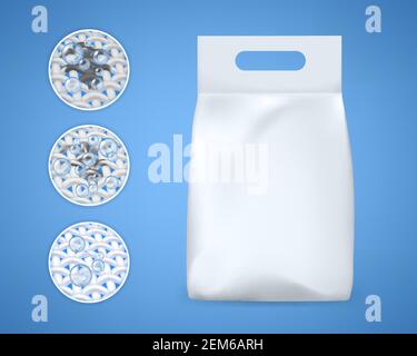 Wäsche Waschmittel Verpackung mockup, Werbung Vektor-Design. Waschpulver weiße leere Folie oder Kunststoffverpackung realistische 3D Schablone mit zoomed sa Stock Vektor
