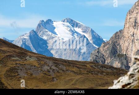 Blick auf Marmolada, den höchsten Berg der Dolomiten, Italien Stockfoto