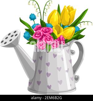Frühlingsrosen, Tulpen, Maiglöckchen und Vergissmeinnicht-Blüten in Gießkanne. Isolierte Vektor Frühling Bouquet Stock Vektor