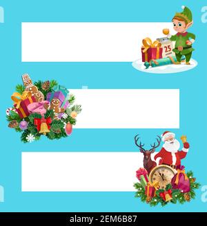 Weihnachts-Vektor-Banner mit Weihnachtsmann, Geschenke, Elf und Kopierraum. Claus mit Weihnachtsglocke, Geschenke und roten Beutel, Kiefer und Stechpalmen Äste, Lebkuchen, Stock Vektor