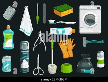 Vektorsymbole für Hygieneprodukte. Zahnpasta, Zahnbürste und Deodorant, Handtuch, Rasierschaum und Rasierer, Handschuhe, WC-Bürste und Schwamm, geschirrspülmittel liqui Stock Vektor