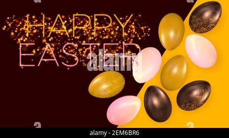 Bunte Ostereier auf dunkelbraunem und gelbem Hintergrund. Frohe Ostern Vorlage Hintergrund für Grußkarte, Promotion, Poster, Banner Stock Vektor