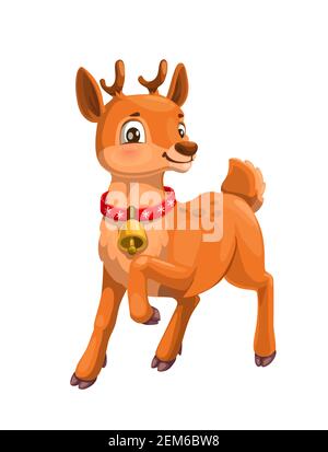 Hirsch oder Rentier Wald Tier Vektor Cartoon Charakter. Niedliches weißes Schwanzfawn mit kleinem Geweih, rotem Kragen und Glocke. Lustige gepunktete Hirsche Hirsch oder tun Stock Vektor