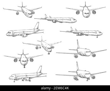 Vektorsymbole für Flugzeugskizzen in anderer Ansicht. Moderne Flugzeugtypen mit Turbinenmotoren bei Start und Landung, zivile Luftfahrt, Ätztechnik Stock Vektor