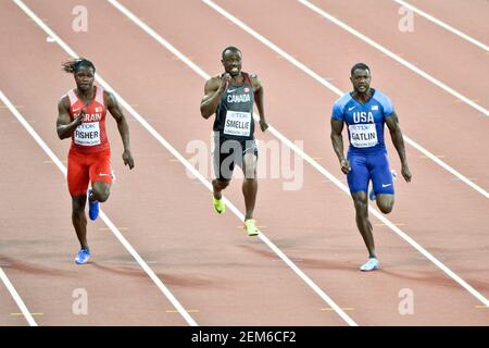 Justin Gatlin (USA), Gavin Smellie (Kanada), Andrew Fisher (Bahrein). 100 Meter Männer, heizt Serie. Leichtathletik-Weltmeisterschaften der IAAF - London 2017 Stockfoto