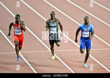 Justin Gatlin (USA), Gavin Smellie (Kanada), Andrew Fisher (Bahrein). 100 Meter Männer, heizt Serie. Leichtathletik-Weltmeisterschaften der IAAF - London 2017 Stockfoto