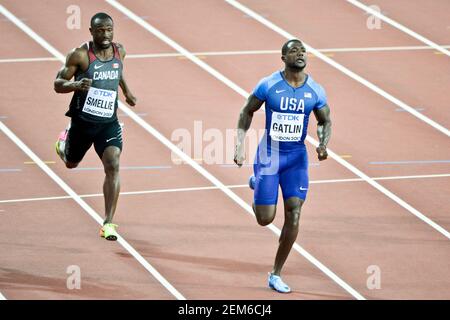 Justin Gatlin (USA), Gavin Smellie (Kanada). 100 Meter Männer, heizt Serie. Leichtathletik-Weltmeisterschaften der IAAF - London 2017 Stockfoto