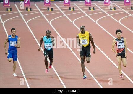 Usain Bolt (Jamaika), Warren Fraser (Bahamas), Shuhei Tada (Japan). 100 Meter Männer, heizt Serie. Leichtathletik-Weltmeisterschaften der IAAF - London 2017 Stockfoto