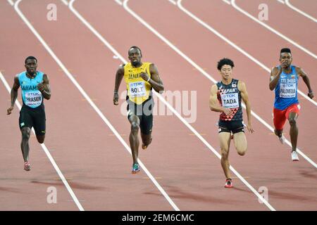 Usain Bolt (Jamaika), Warren Fraser (Bahamas), Shuhei Tada (Japan). 100 Meter Männer, heizt Serie. Leichtathletik-Weltmeisterschaften der IAAF - London 2017 Stockfoto