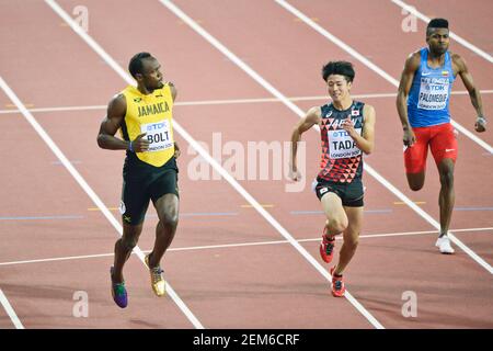 Usain Bolt (Jamaika), Shuhei Tada (Japan), Diego Palomeque (Kolumbien). 100 Meter Männer, heizt Serie. Leichtathletik-Weltmeisterschaften der IAAF - London 2017 Stockfoto