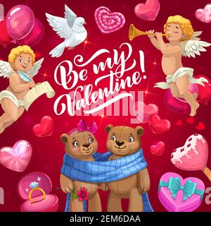 Valentinstag Gruß Vektor-Karte der Liebe Herzen, Cupids und Geschenk, Ehering, rosa Ballons und Süßigkeiten, paar Bär Spielzeug, Eis und Taube b Stock Vektor