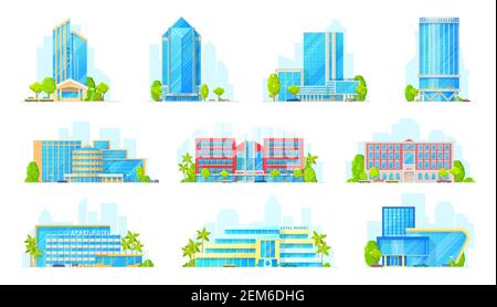 Hotels und Business Center Gebäude außen isoliert Vektor-Symbole. Cartoon kommerzielle und Coworking Center Objekte, moderne Stadt Immobilien skyscrap Stock Vektor