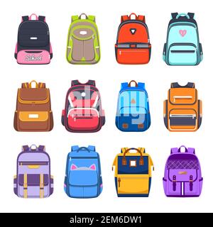 Schultaschen und Rucksäcke, Handtaschen und Rucksäcke Vektor flache Symbole. College und Schule Junge und Mädchen Student Taschen mit Taschen, Reißverschlüsse und Riemen, tr Stock Vektor