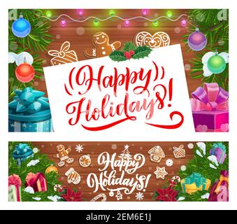 Weihnachten Winter Urlaub Vektor-Banner mit Neujahr Geschenke und Geschenke. Weihnachtsbaum und Stechbeere, geschmückt mit Kugeln, Lichtern und Lebkuchen, ca. Stock Vektor