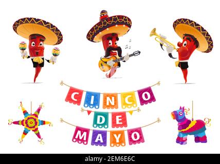 Cinco de Mayo Urlaub jalapeno Pfeffer Musiker, Pinata und Papel picado Fahnen, Vektor mexikanische Fiesta. Roter Pfeffer in Sombrero Hüte, Maracas, Mariachi Stock Vektor