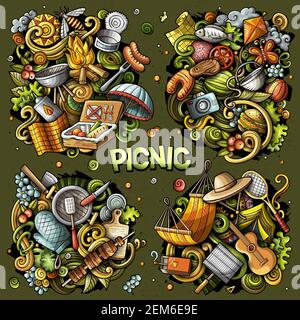 Picknick Cartoon Vektor Doodle Designs Set. Farbenfrohe, detailreiche Kompositionen mit vielen Lebensmitteln und Naturobjekten und Symbolen. Alle Elemente sind getrennt Stock Vektor