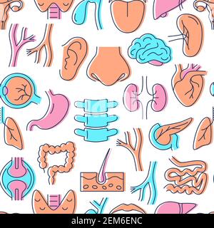 Nahtloses Muster mit Symbolen der menschlichen inneren Organe. Anatomischer wiederholbarer Hintergrund in farbiger Linienführung. Vektorgrafik. Stock Vektor