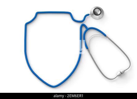 Schildförmiges Stethoskop, Krankenversicherung. Isoliert auf weißem Hintergrund. 3D Rendern. Stockfoto