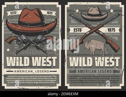 Wild West Vintage Vektorplakate. American Western Legende, Texas Büffelox und Cowboy Sheriff Hut mit gekreuzten Bandit Revolver, Gewehre und Gewehre auf w Stock Vektor