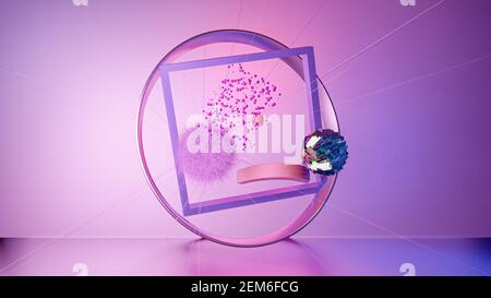 Abstrakte Formen in einem runden und quadratischen Rahmen auf einem neonfarbenen Hintergrund. 3D Rendern. Stockfoto