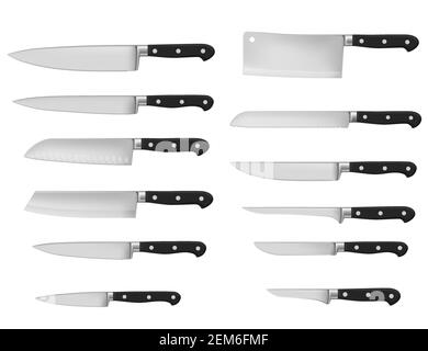 Küchenmesser Typen, Vektor realistisch 3D isolierte Küchengeräte mockup. Fleisch schneiden Beil, Spalter und Metzger, Axt und Schälmesser aus Edelstahl st Stock Vektor