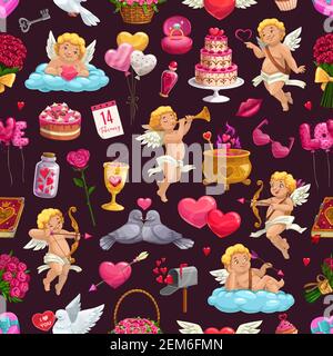 Valentinstag nahtlose Muster mit Cupids, Tauben und Blumensträuße. Vektor-Liebespost, gebrochenes Herz und Kessel mit Elixier. Buch der Liebeszauber, Stock Vektor