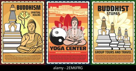 Buddhismus Religion, Yoga-Kurse und Meditationszentrum, Vektor-Vintage-Plakate. Buddhismus Spirituelle Heilung, religiöse Tempel und Schreine reisen, Buddh Stock Vektor