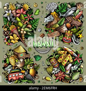 Hawaii Cartoon Vektor Doodle Designs Set. Farbenfrohe, detailreiche Kompositionen mit vielen hawaiianischen Objekten und Symbolen. Alle Elemente sind getrennt Stock Vektor